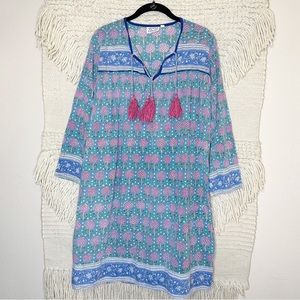 SZ BLOCKPRINTS blue / pink tassel tie long sleeve cotton tunic dress S